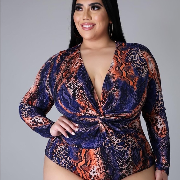 Vibrant Orange and Blue Animal Print Bodysuit - Picture 1 of 3